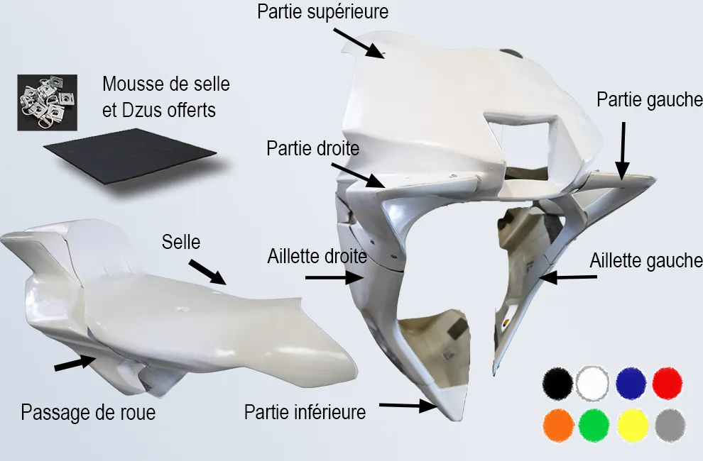 Ensemble pack carénage. Fintion gelcoat teinté dans la masse